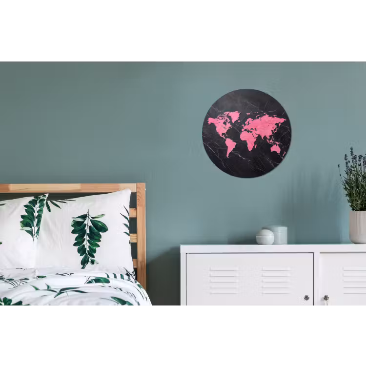 Wereldkaart - Roze - Marmer Wandcirkel aluminium klein -slaapkamer