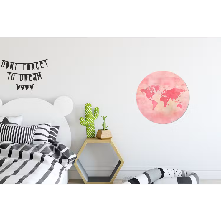 Wereldkaart - Roze - Vaag Wandcirkel aluminium klein -kinderkamer