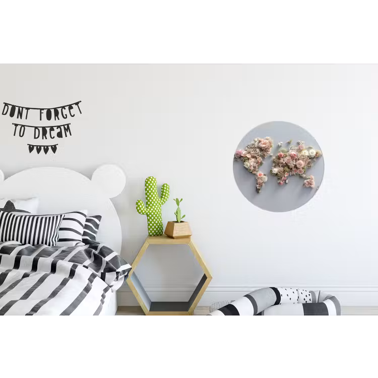 Wereldkaart - Rozen - Roze Wandcirkel aluminium klein -kinderkamer