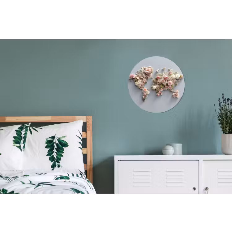 Wereldkaart - Rozen - Roze Wandcirkel aluminium klein -slaapkamer