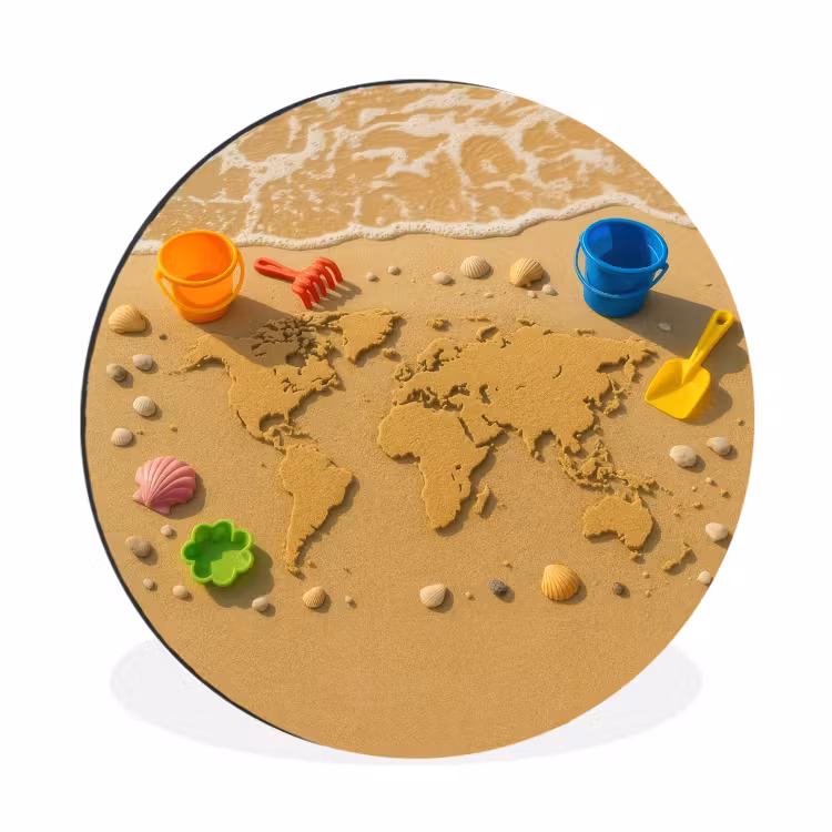 Wereldkaart - Zand - Kleurrijk - Zomer Wandcirkel aluminium klein -3d