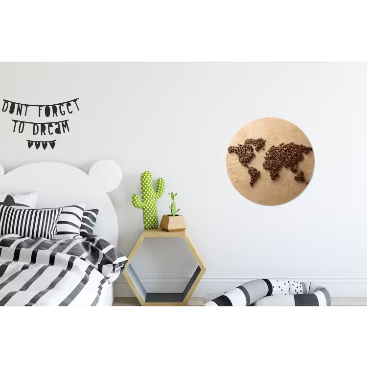 Wereldkaart - Zandkleur - Koffiebonen Wandcirkel aluminium klein -kinderkamer