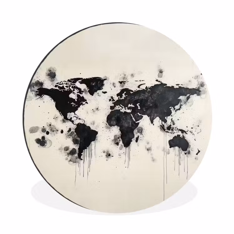 Wereldkaart - Zwart - Inkt Wandcirkel aluminium klein -3d