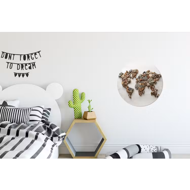 Wereldkaart - Stenen - Wit Wandcirkel aluminium klein -kinderkamer