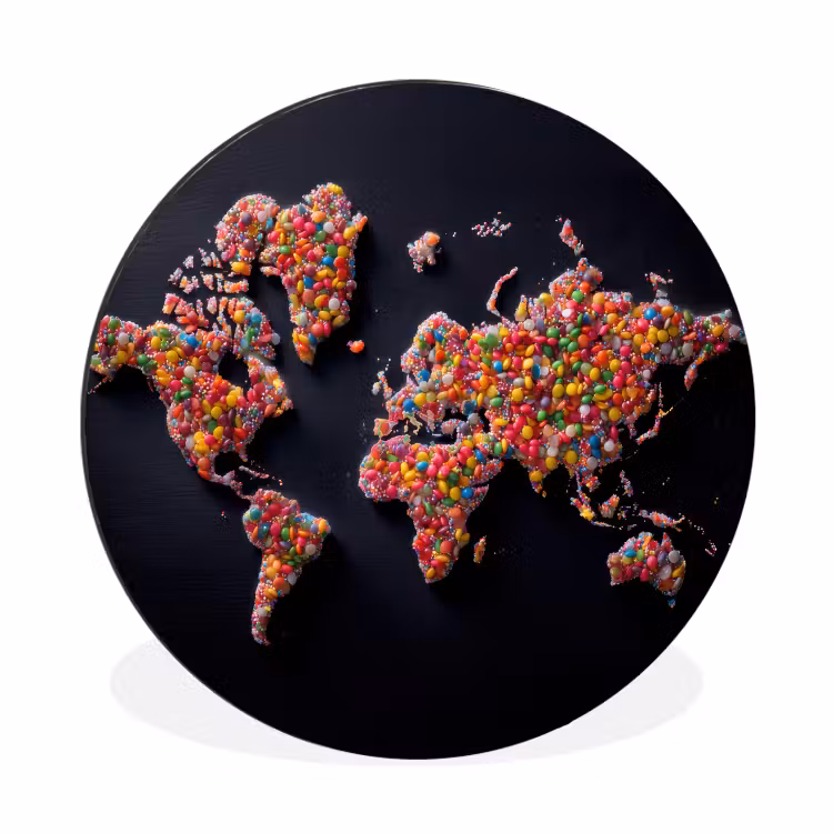 Wereldkaart - Snoepjes - Felle kleuren Wandcirkel aluminium klein -3d