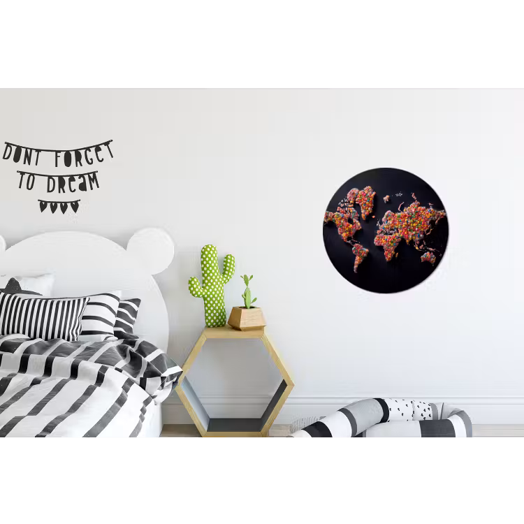 Wereldkaart - Snoepjes - Felle kleuren Wandcirkel aluminium klein -kinderkamer