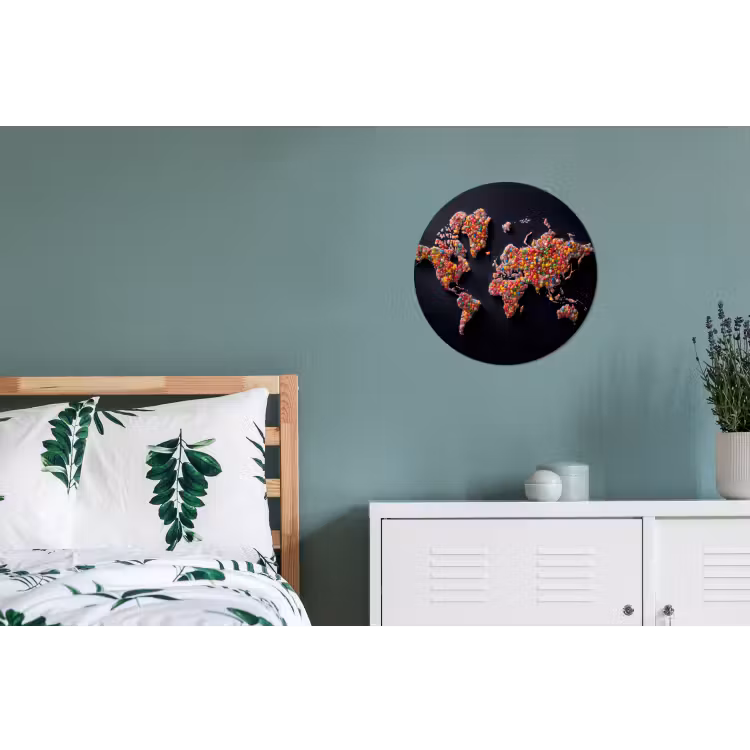 Wereldkaart - Snoepjes - Felle kleuren Wandcirkel aluminium klein -slaapkamer