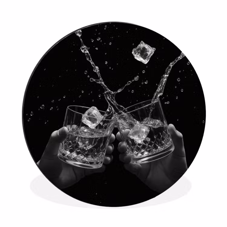 Whiskyglazen - Ijs - Spetters - Zwart Wandcirkel aluminium klein -3d