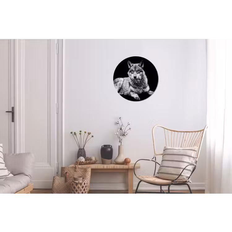 Wilde dieren - Wolf - Zwart - Wit Wandcirkel aluminium klein -woonkamer