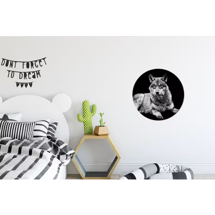 Wilde dieren - Wolf - Zwart - Wit Wandcirkel aluminium klein -kinderkamer