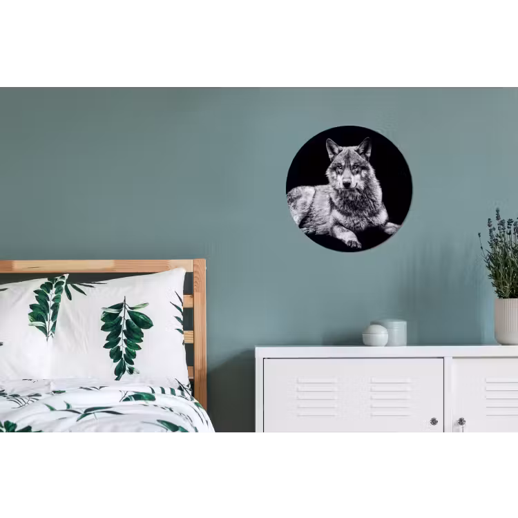Wilde dieren - Wolf - Zwart - Wit Wandcirkel aluminium klein -slaapkamer