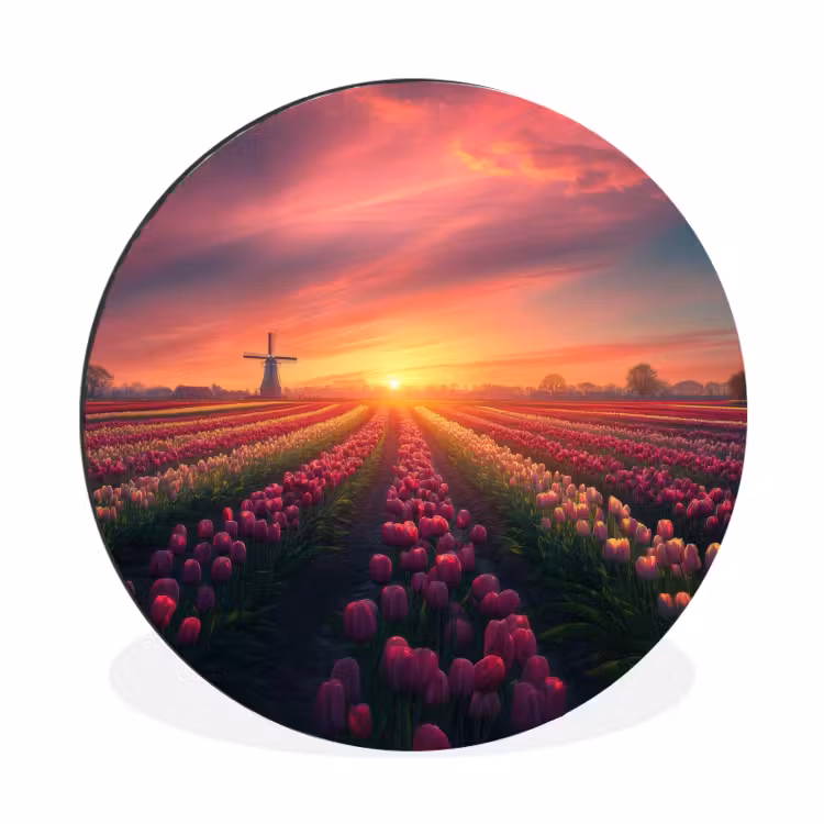 Windmolen - Zonsondergang - Landschap Wandcirkel aluminium klein -3d