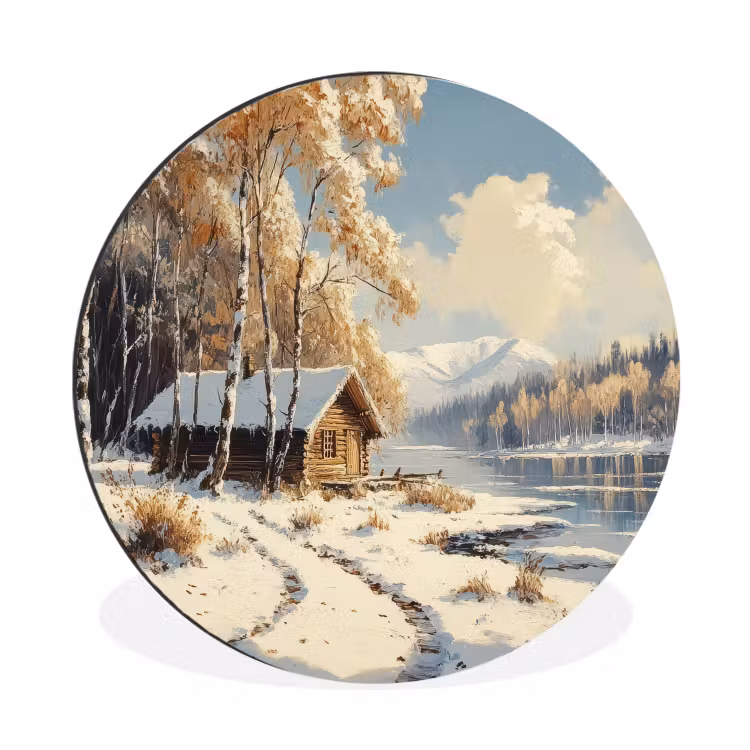Winter - Sneeuw - Huis - Natuur Wandcirkel aluminium klein -3d