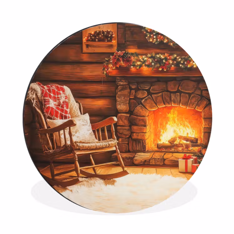 Winter - Kerst - Huis - Openhaard Wandcirkel aluminium klein -3d