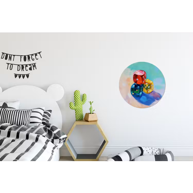 Dobbelstenen - Kleurrijk - Getallen - Stipjes Wandcirkel aluminium klein -kinderkamer