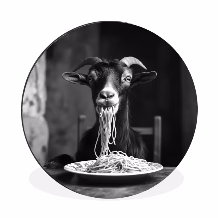 Geit - Bord - Spaghetti - Zwart Wit Wandcirkel aluminium klein -3d