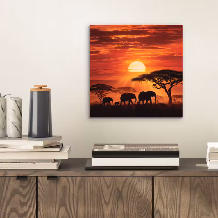 Savanne - Olifanten - Zonsondergang aluminium wit klein -sfeer1