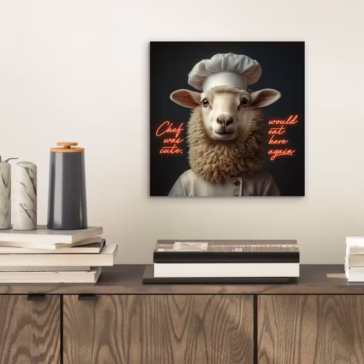 Schaap - Kokskleding - Neon - Quote aluminium wit klein -sfeer1