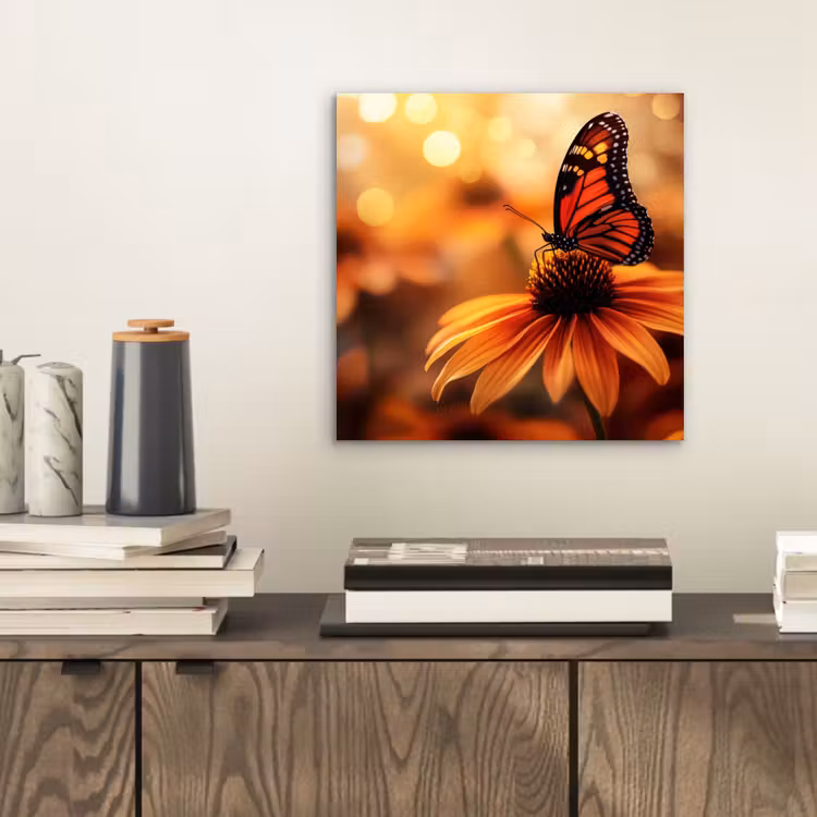 Vlinder - Bloemen - Oranje aluminium wit klein -sfeer1