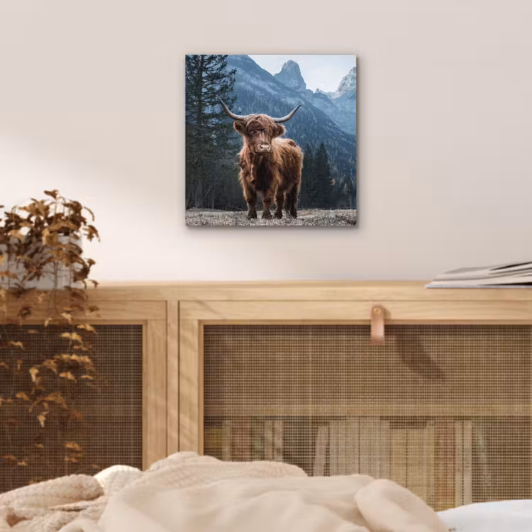 Schotse hooglander - Berg - Landschap - Bomen - Koe - Natuur aluminium wit klein -sfeer3