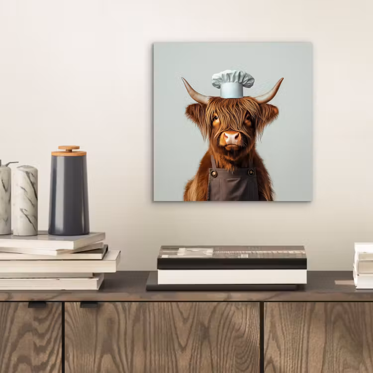 Schotse Hooglander - Bruin - Hoorns - Kokskleding aluminium wit klein -sfeer1