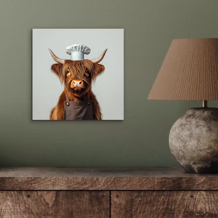 Schotse Hooglander - Bruin - Hoorns - Kokskleding aluminium wit klein -sfeer2