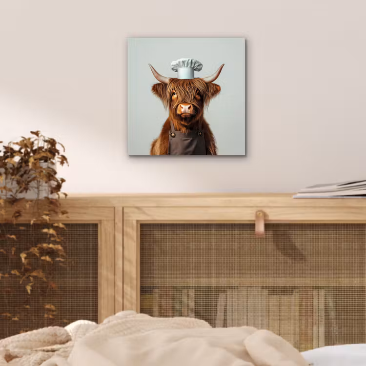 Schotse Hooglander - Bruin - Hoorns - Kokskleding aluminium wit klein -sfeer3