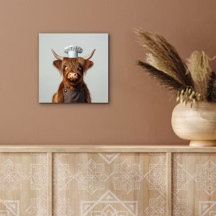Schotse Hooglander - Bruin - Hoorns - Kokskleding aluminium wit klein -sfeer4