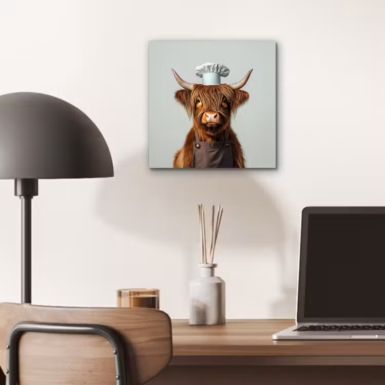 Schotse Hooglander - Bruin - Hoorns - Kokskleding aluminium wit klein -sfeer5