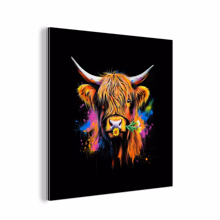 Schotse Hooglander - Graffiti - Kleurrijk - Bloem - Dieren aluminium wit klein -3d