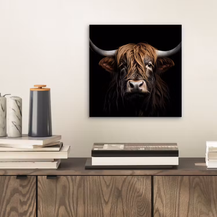 Schotse hooglander - Portret - Zwart - Dier aluminium wit klein -sfeer1