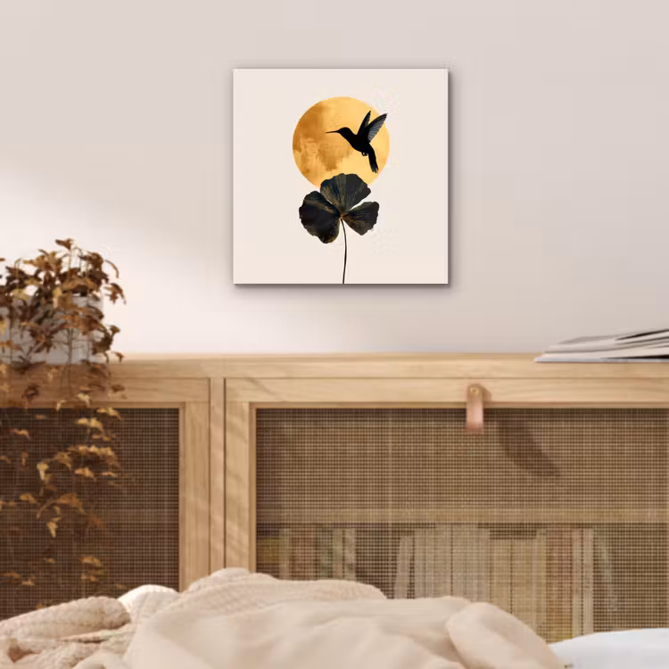 Zwarte kolibrie - Bloem - Gouden cirkel aluminium wit klein -sfeer3