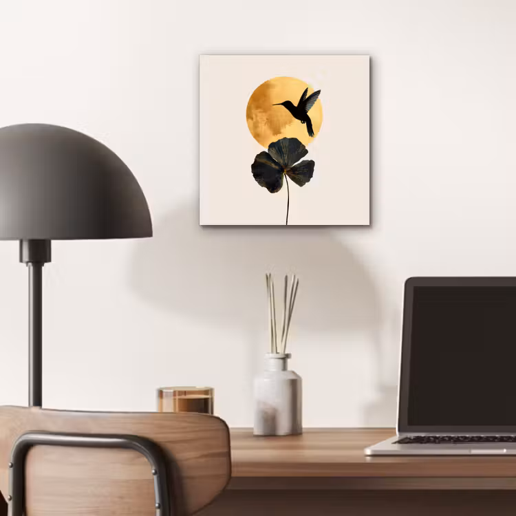 Zwarte kolibrie - Bloem - Gouden cirkel aluminium wit klein -sfeer5