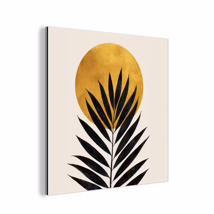 Zwart palmblad - Gouden cirkel - Beige achtergrond aluminium wit klein -3d