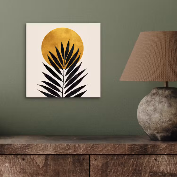 Zwart palmblad - Gouden cirkel - Beige achtergrond aluminium wit klein -sfeer2