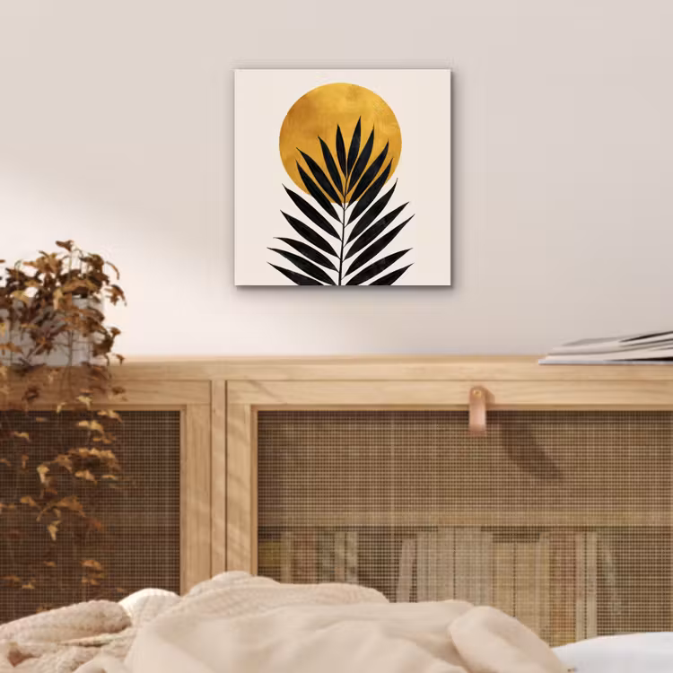 Zwart palmblad - Gouden cirkel - Beige achtergrond aluminium wit klein -sfeer3