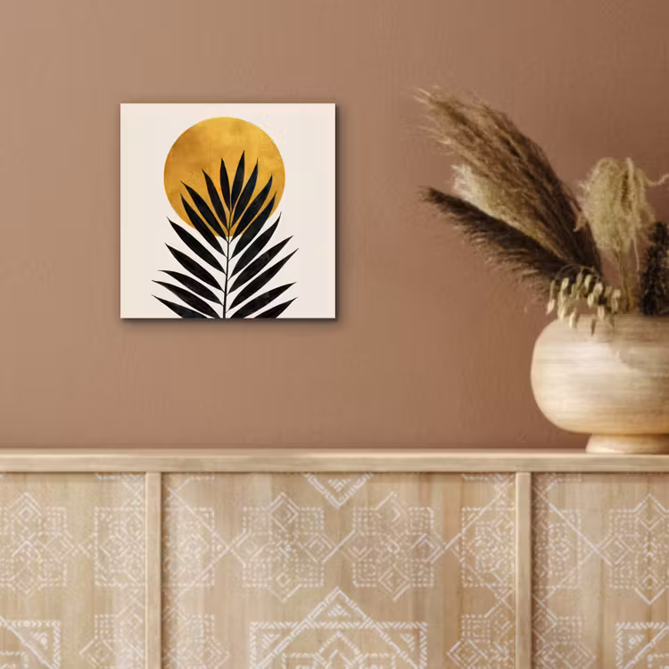 Zwart palmblad - Gouden cirkel - Beige achtergrond aluminium wit klein -sfeer4