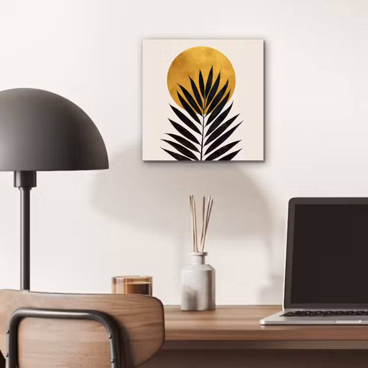 Zwart palmblad - Gouden cirkel - Beige achtergrond aluminium wit klein -sfeer5