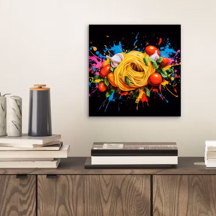 Spaghetti - Graffiti - Verf - Kleurrijk - Eten - Modern aluminium wit klein -sfeer1