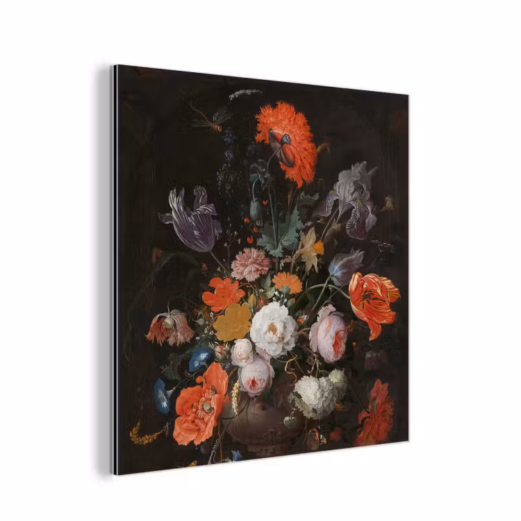 Stilleven met bloemen en een horloge - Schilderij van Abraham Mignon aluminium wit klein -3d
