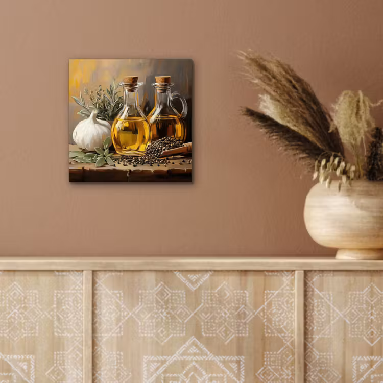 Stilleven - Olijfolie - Knoflook - Kruiden aluminium wit klein -sfeer4