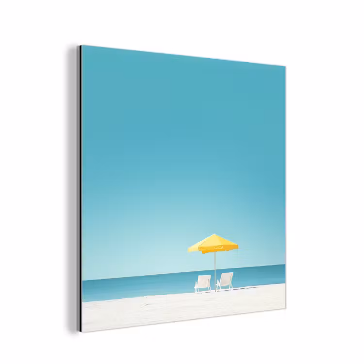 Strand - Blauwe lucht - Geel - Parasol aluminium wit klein -3d