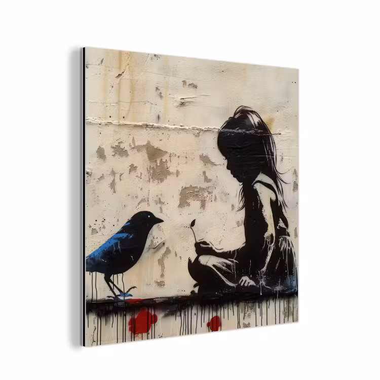 Street art - Meisje - Vogel - Graffiti - Banksy aluminium wit klein -3d