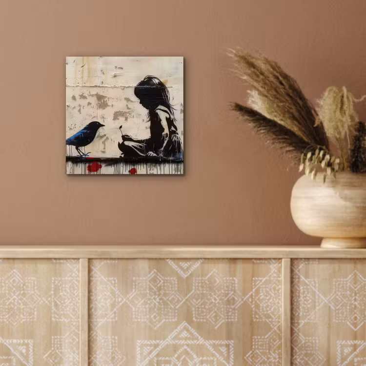 Street art - Meisje - Vogel - Graffiti - Banksy aluminium wit klein -sfeer4