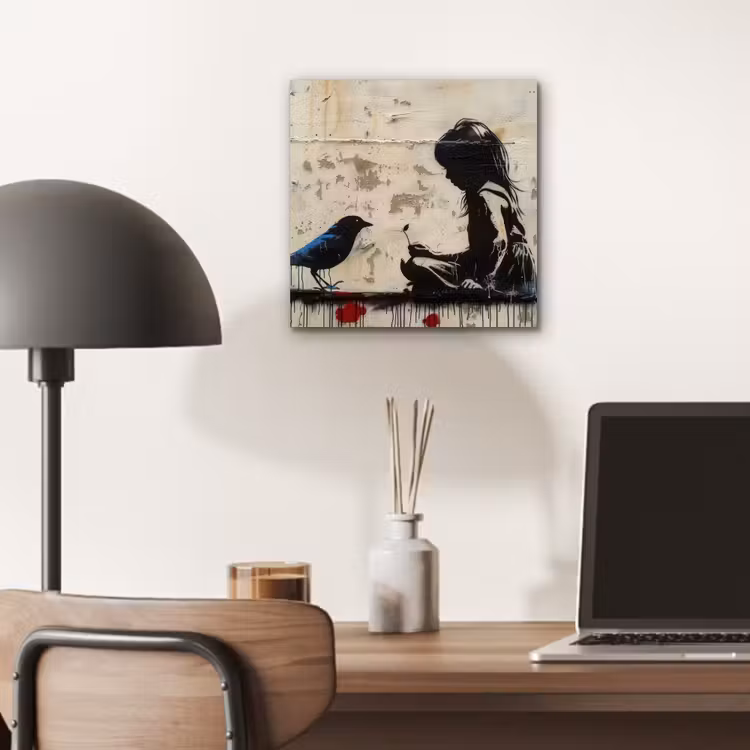 Street art - Meisje - Vogel - Graffiti - Banksy aluminium wit klein -sfeer5