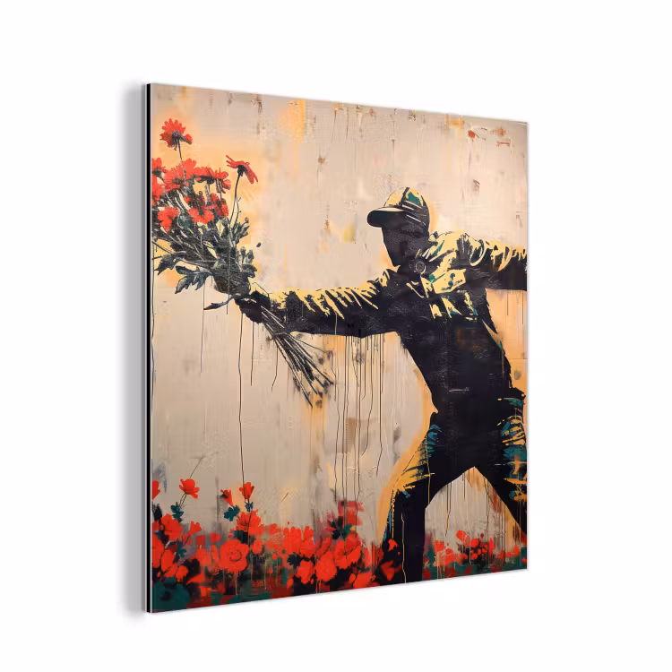 Street art - Man - Bloemen - Rood - Graffiti - Banksy aluminium wit klein -3d