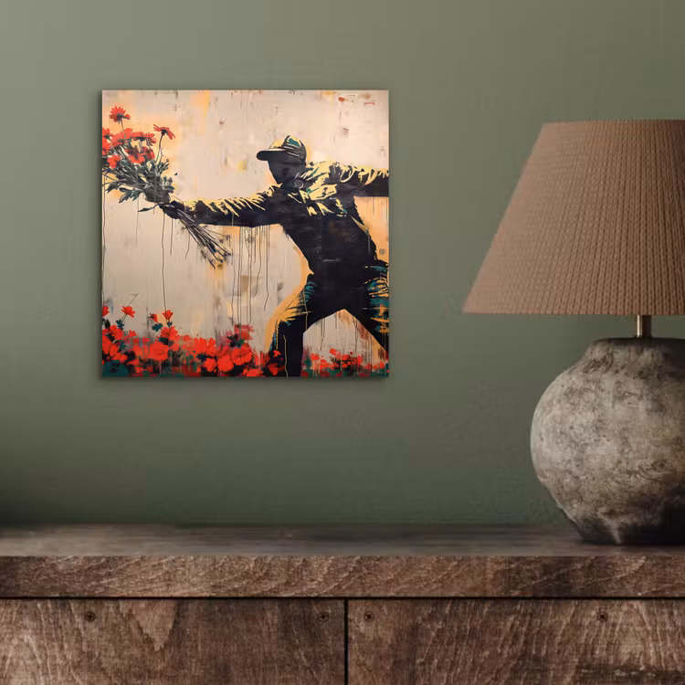Street art - Man - Bloemen - Rood - Graffiti - Banksy aluminium wit klein -sfeer2