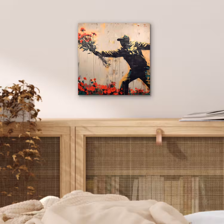 Street art - Man - Bloemen - Rood - Graffiti - Banksy aluminium wit klein -sfeer3