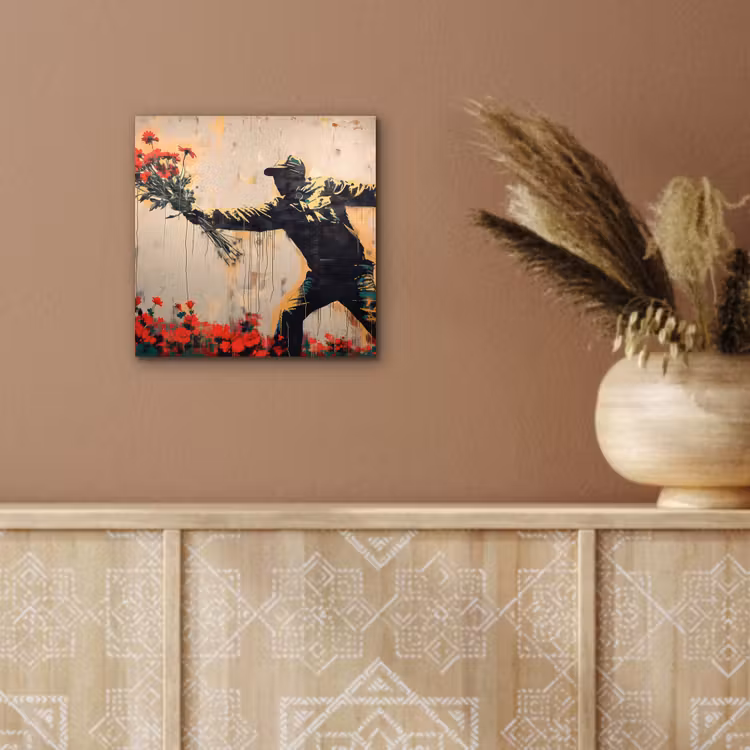 Street art - Man - Bloemen - Rood - Graffiti - Banksy aluminium wit klein -sfeer4
