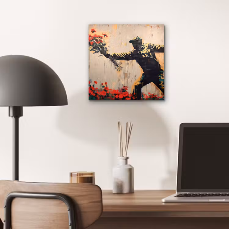 Street art - Man - Bloemen - Rood - Graffiti - Banksy aluminium wit klein -sfeer5